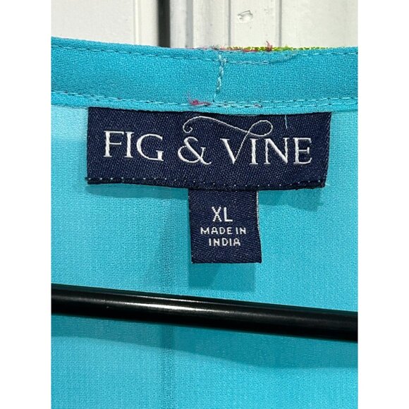 Fig & Vine XL Pom-Pom Trim Sheer Kaftan Teal Multicolor Satin Tie Cover-Up - Picture 6 of 11